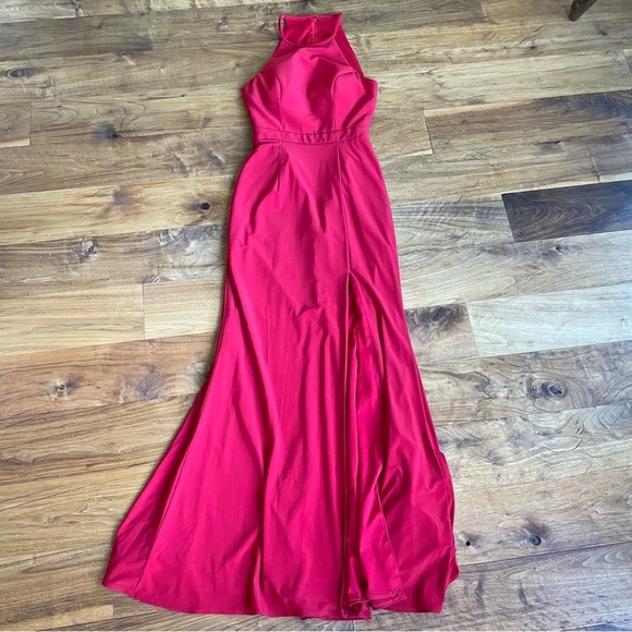 Sherri Hill Red Open Back High Neck Formal Gown Maxi Dress - Picture 7 of 15